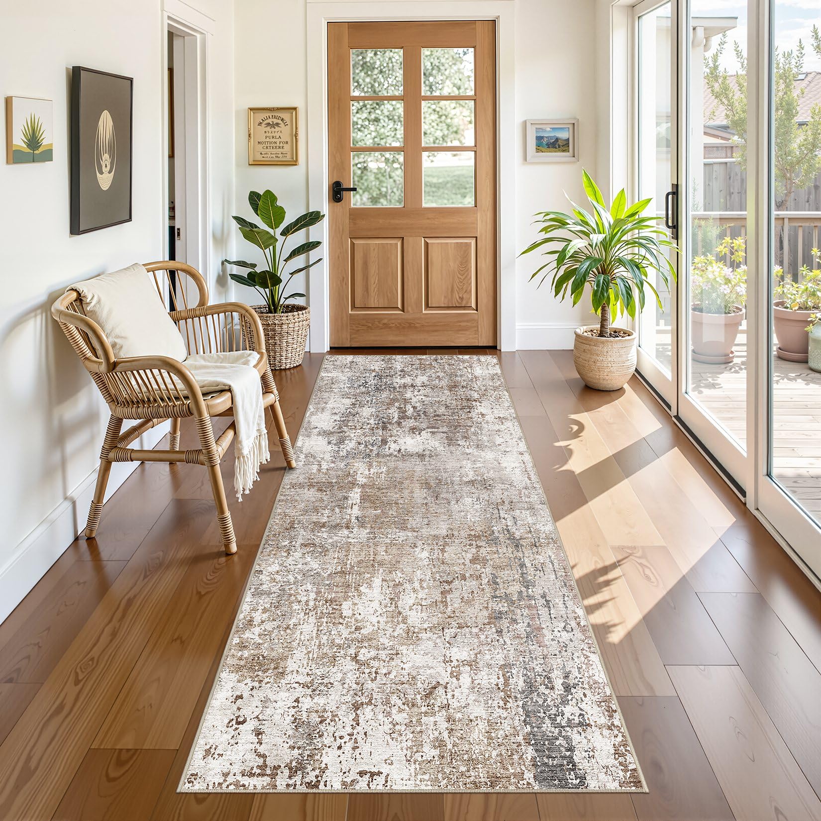 UERMEI 3x8 Washable Runner Rug for Hallway, Non Slip Low Pile Kitchen Carpet, Neutral Modern Abstract Indoor Floor Mat for Entryway Laundry, Kid & Pet Safe High Traffic Area, Brown/Grey/Red
