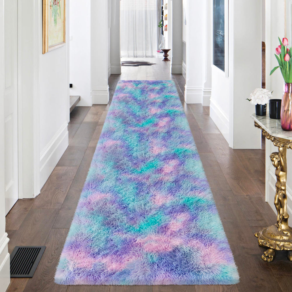 JiaoBaba Super Soft Fluffy Living Room Area Rug 2x8 ft Purple Rainbow Tie-Dyed Shaggy Furry Carpet Washable Non-Slip Carpets Bedroom Bedside Nursery Rug Cute Colorful Room Decor for Girls
