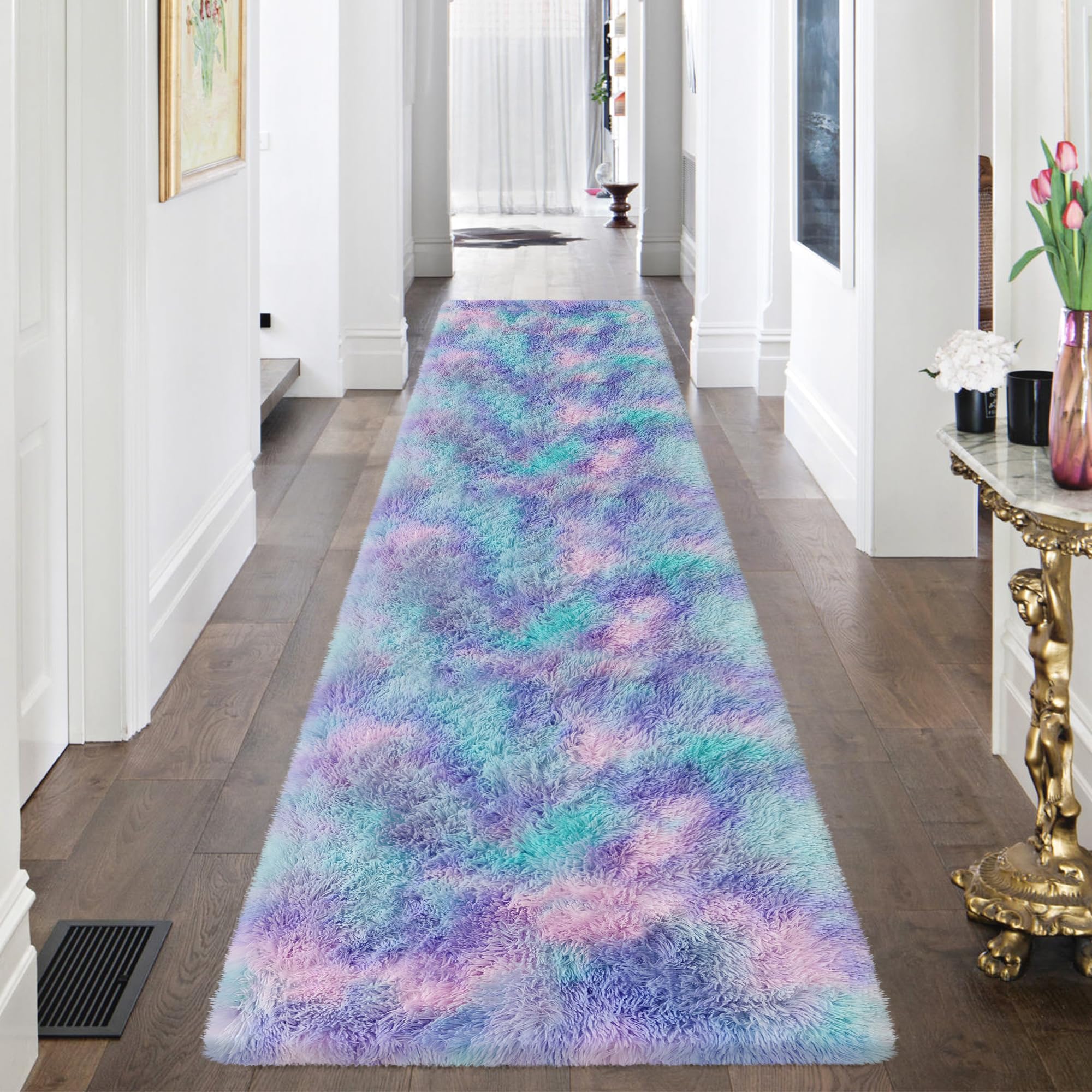 JiaoBaba Super Soft Fluffy Living Room Area Rug 2x8 ft Purple Rainbow Tie-Dyed Shaggy Furry Carpet Washable Non-Slip Carpets Bedroom Bedside Nursery Rug Cute Colorful Room Decor for Girls