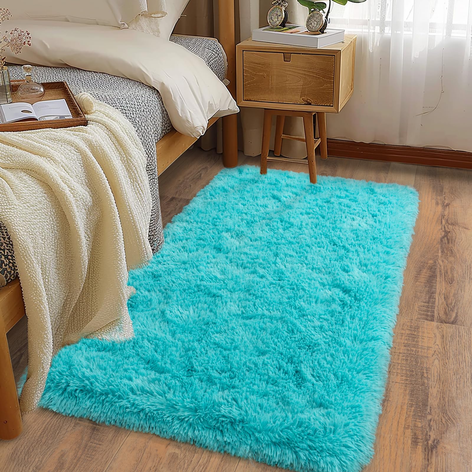 Ailyei Soft Runner Rugs for Bedroom Hallways, 2x4 Teal Blue Fluffy Shag Throw Area Rug Non Slip for Bedside Dorm, Long Shaggy Furry Carpet for Nursery Living Room