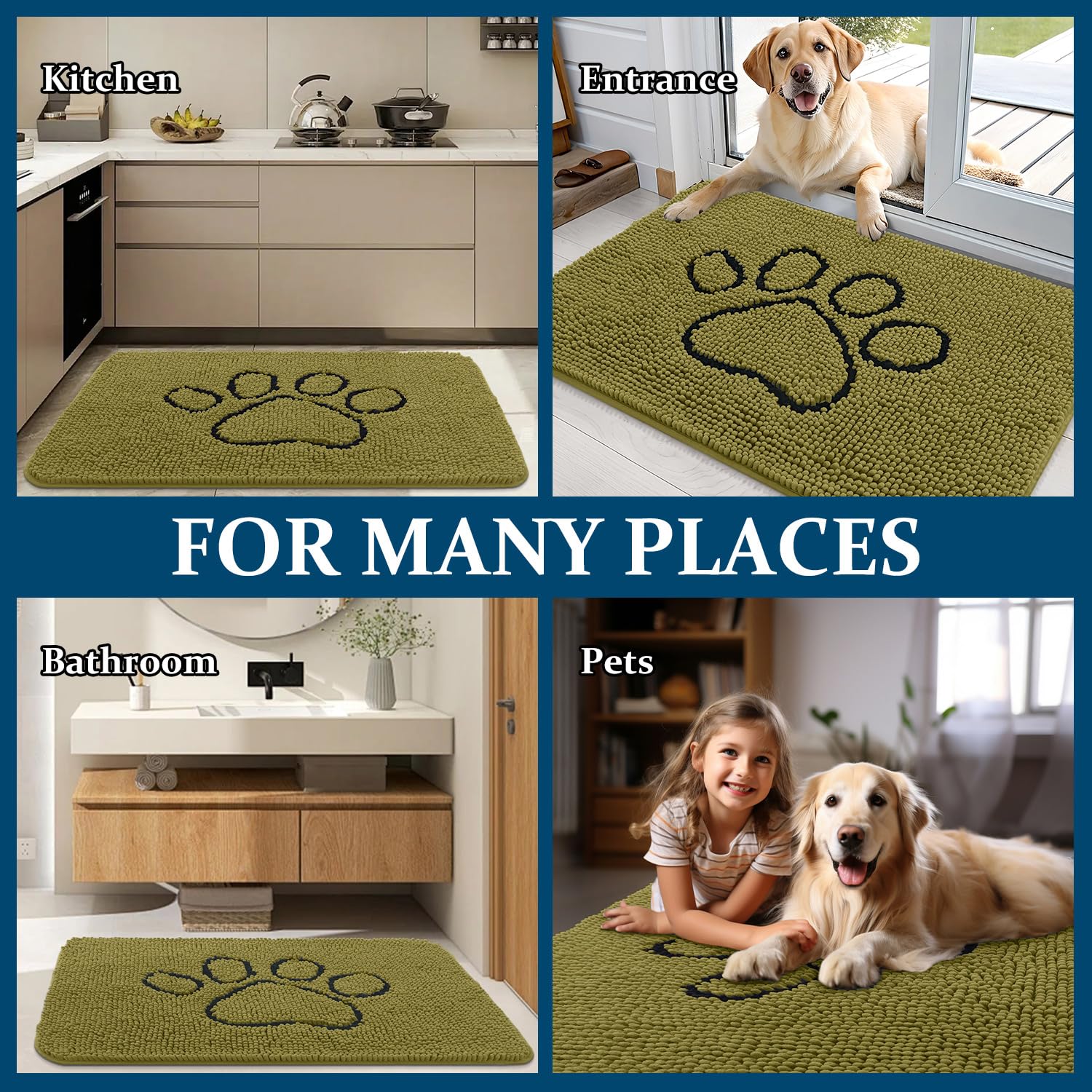 OLANLY Dog Door Mat for Muddy Paws 48x30, Paw Print Design Chenille Mud Mat