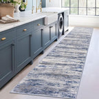 KOZYFLY Modern Abstract Washable Rug Runner 2.6x12 Hallway Rug Runner Non-Slip Soft Kitchen Runner Rugs, Grey-Blue Striped Carpet for Entryway Bathroom Laundry Room Foyer