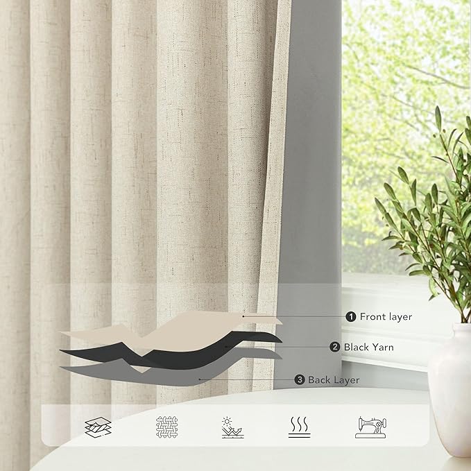 Black Out Curtains 108 Inch Long 2 Panel Set Burlap Primitive Cottage Linen Textured Total Blackout Patio Door Curtain for Living Room Darkening Soundproof Curtains for Bedroom 9ft Back Tab Tan Beige