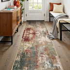 Washable Area Rugs 2'x8' Non-Slip Modern Abstract Soft for Living Room Entryway Bedroom Nursery, Print Pattern, Brown Rust Red Green Blue Multi