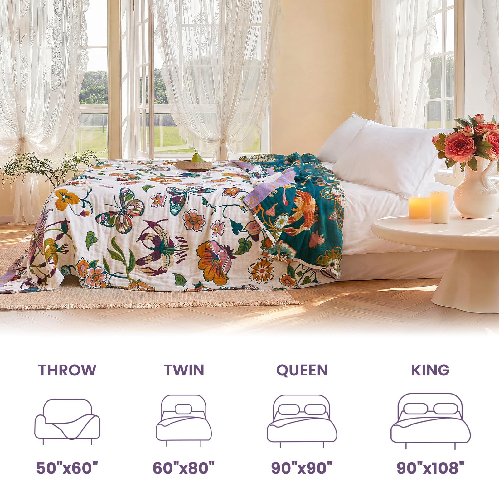 MSGKV Boho Throw Blanket 90"x108" 100% Cotton Floral Blanket for Bed