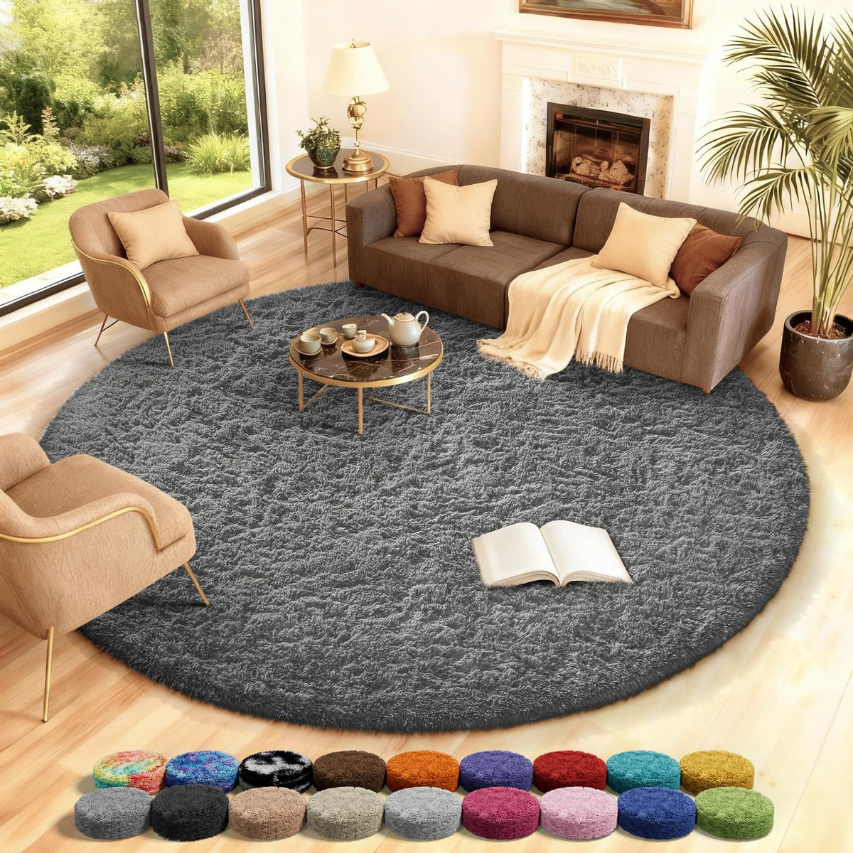 Ophanie Round Rug 8Ft Grey Circle Area Rugs,Large Fluffy Fuzzy Living Room Carpet 8 feet,Plush Shag Solid Indoor Floor Gray Bedroom Circular Decor for Kids Teen Boys Baby,with Over 99 pcs Pile fibers