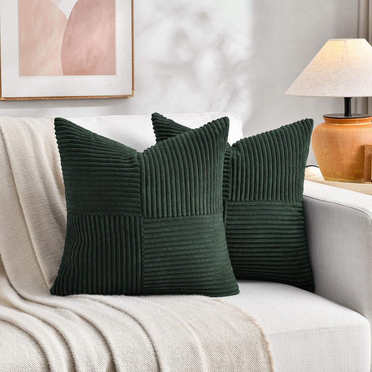 Fancy Homi 2 Packs Cream White Samll Decorative Throw Pillow Covers 14x14 Inch with for Couch Bed Sofa, Rustic Farmhouse Boho Home Decor, Soft Corss Patchwork Corduroy Square Cushion Case 35x35 cm