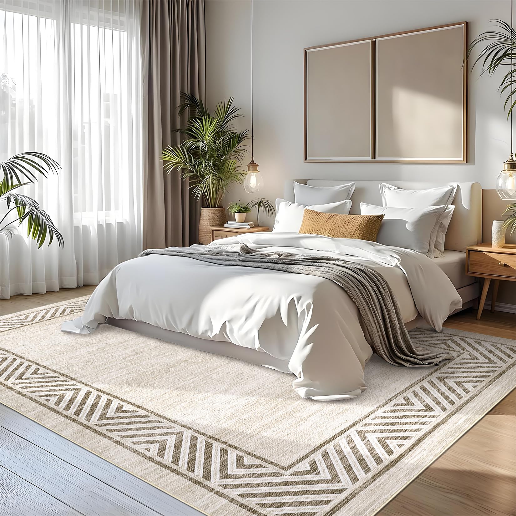 GarveeHome Bordered Bedroom Rugs 5x7 Ultra-Soft Indoor Carpet, Non-Slip Modern Geometric Living Room Rug, Stain-Resistant Neutral Accent Floor Cover for Dining Room, Nursery, Office, Beige