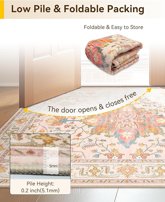 Area Rugs 8ft Washable Non-Slip, Floral Vintage Distress Print Pattern Medallion Carpet for Living Room Bedroom Dining Room, Light Pink Colorful