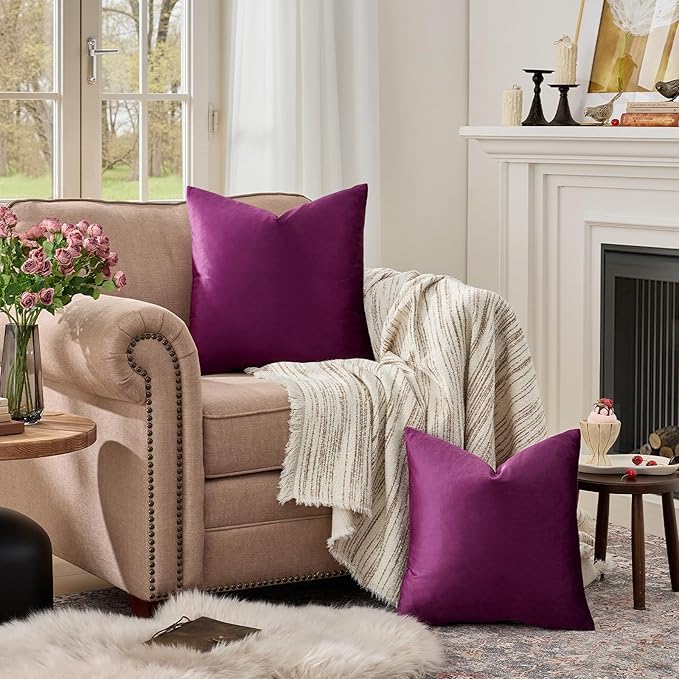 GIGIZAZA Purple Decorative Velvet Decorative 18x18 Throw Pillow Covers for Sofa Bed 2 Pack Soft Cushion Cover