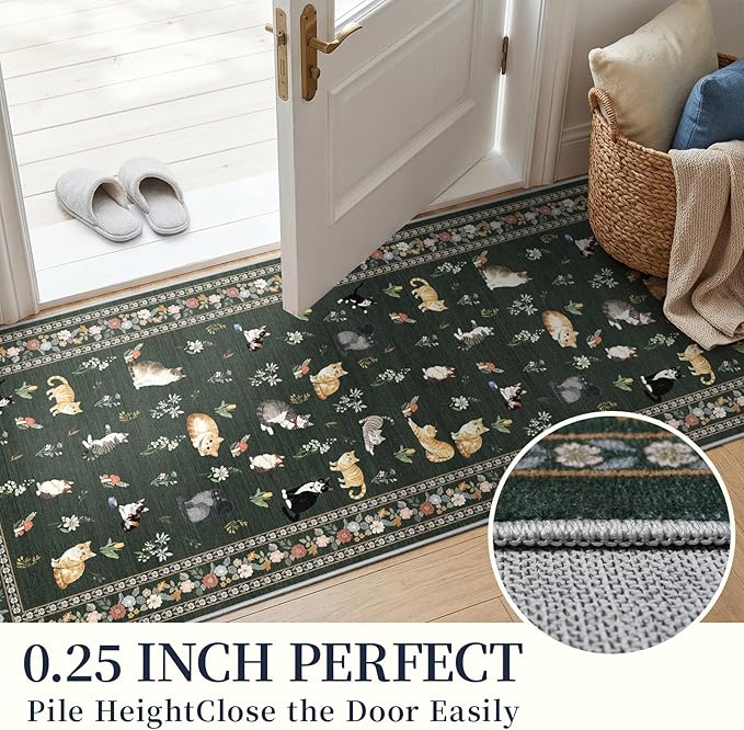 2x10 Washable Hallway Runner Rug - Soft Low Pile Floral Animal Cat Print Rugs with Non-Slip Backing Waterproof Stain-Resistant Indoor Carpet for Kitchen Entryway Bathroom Bedroom (Sage Green)