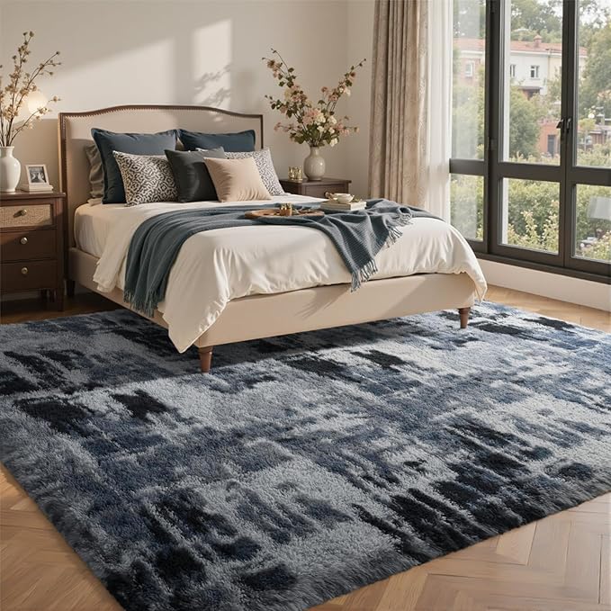 4x6 Ft Shag Rugs for Bedroom Living Room, Tie-Dyed Ultra Soft Fluffy Furry Area Rugs for Indoor Floor, Aesthetic Carpet for Kids Home Decor (Blue)