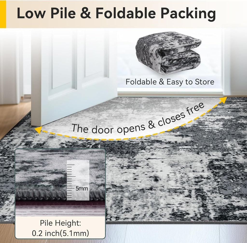 RELEANY Washable 6'x8' Abstract Area Rug for Living Room Black White
