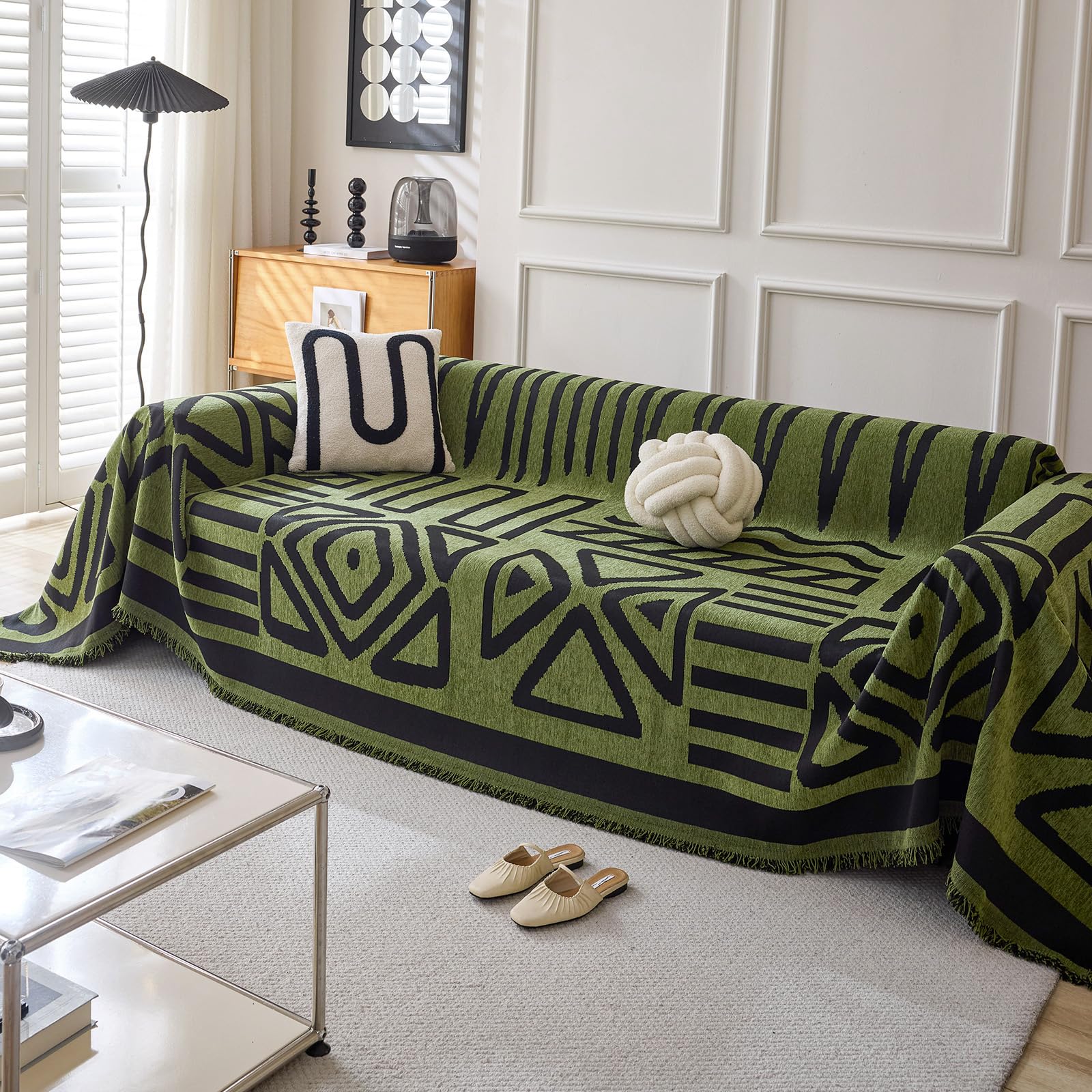 HANDONTIME Boho Geometric Couch Covers for Sofa Pet Friendly Avocado and Black Sofa Covers Washable Chenille Couch Blanket Cover for 3 4 Cushion Couches Pet Protector Furniture Cover Soft, 71" X 134"