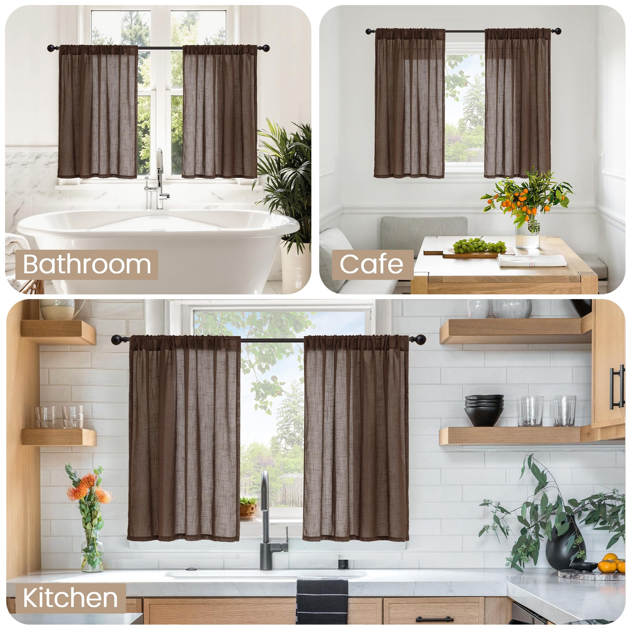 BGment Brown Linen Kitchen Curtains 40 Inch Length, Small Semi Sheer Drapes Textured for Cafe Window Over Sink Bathroom Decor Lightweight Rod Pocket, 2 Panels Set, Each 30 Inch Wide