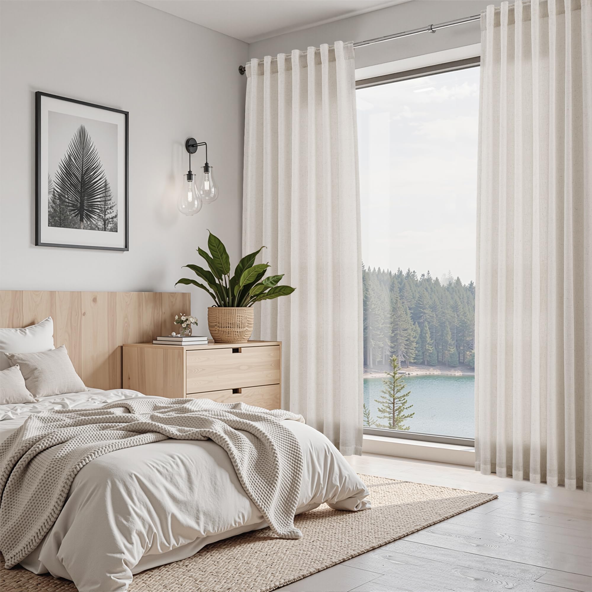 Nanspring Pearl White Linen Curtains 84 Inches Long for Living Room Light Filtering Semi Sheer Curtain Back Tab and Rod Pocket Coastal Decor Elegant Neutral Luxury Drapes for Bedroom 52x84, 2 Panels