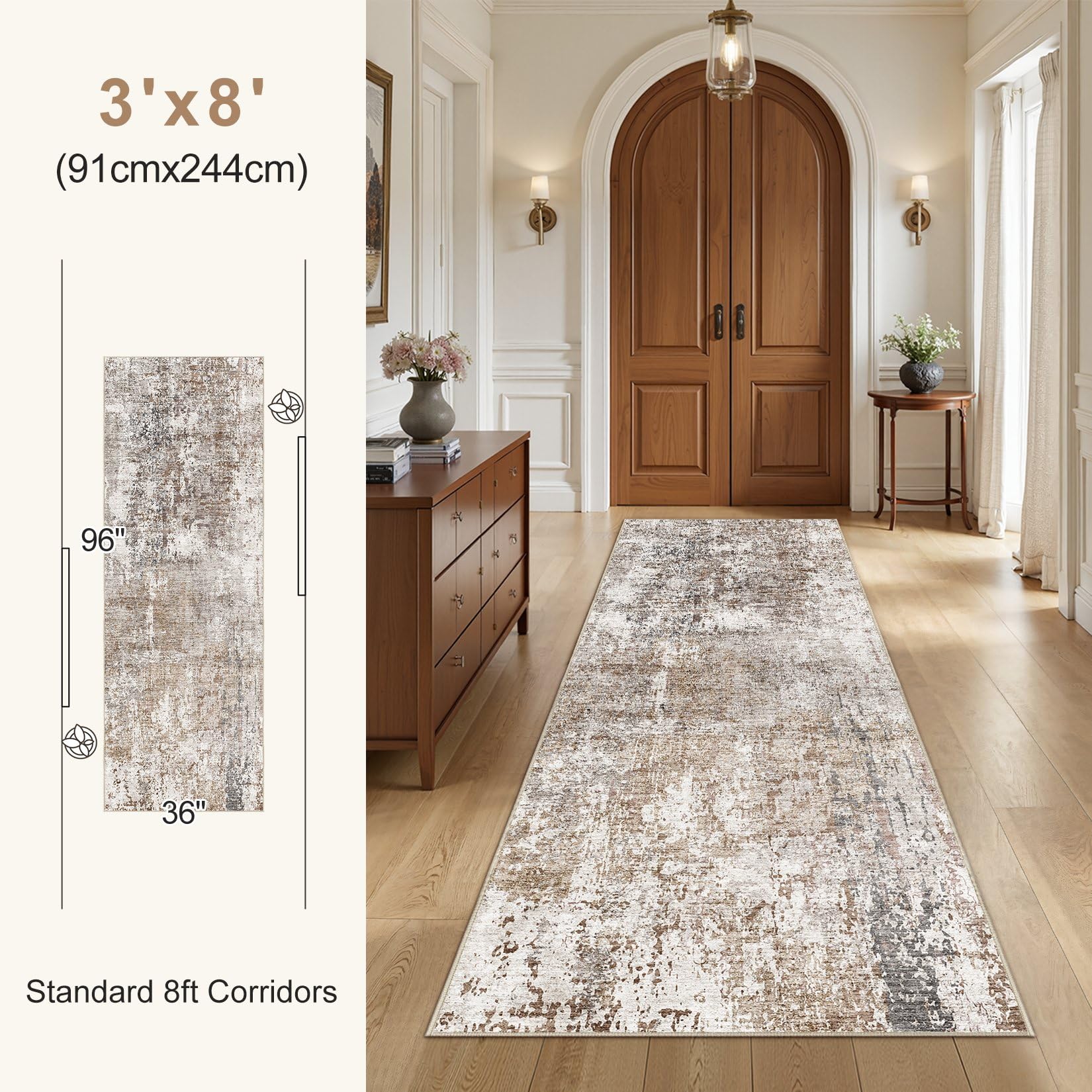 UERMEI 3x8 Washable Runner Rug for Hallway, Non Slip Low Pile Kitchen Carpet, Neutral Modern Abstract Indoor Floor Mat for Entryway Laundry, Kid & Pet Safe High Traffic Area, Brown/Grey/Red