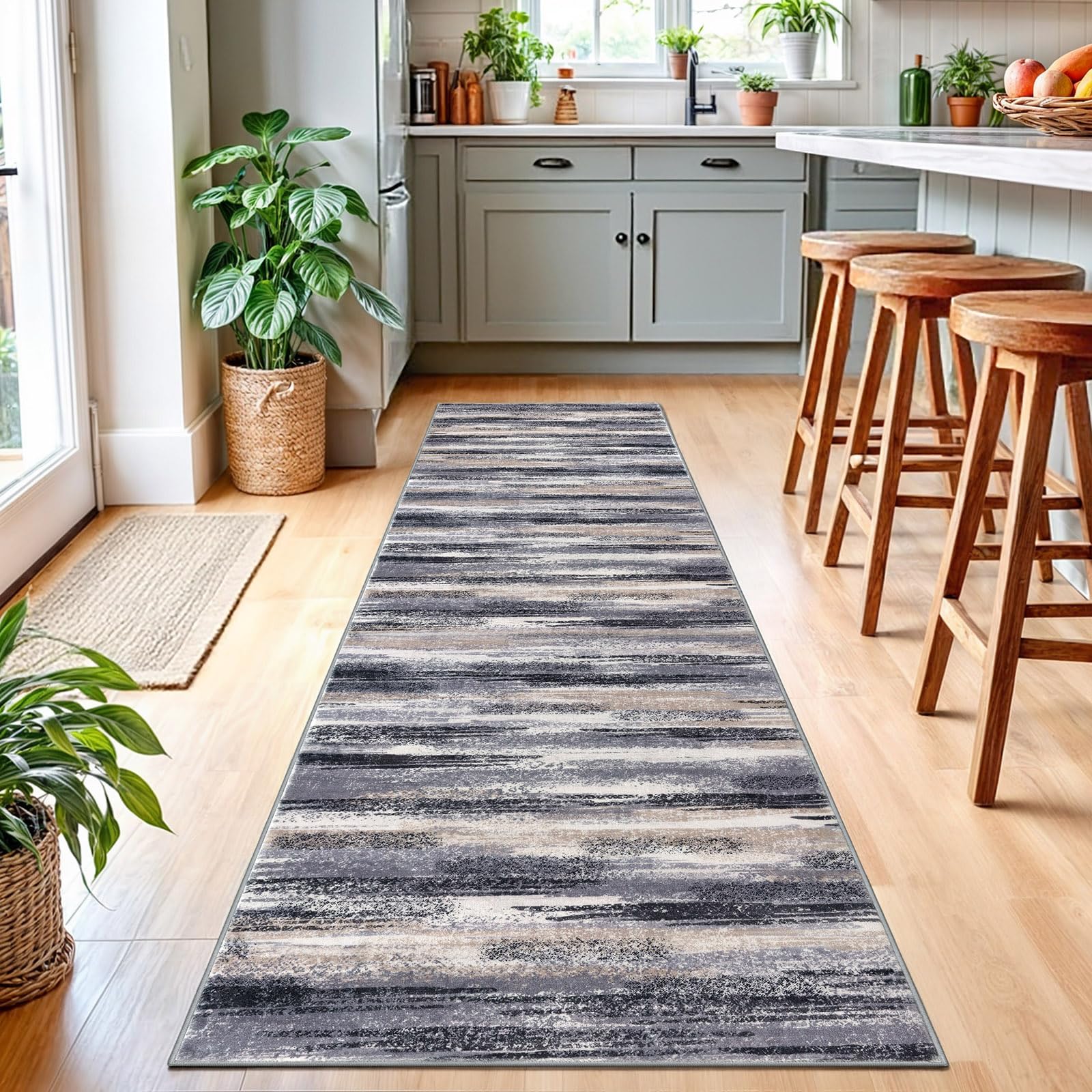 Lansny Modern Abstract Runner Rug 2.6x10, Grey Black Multi Washable Long Kitchen Runner Non-Slip Soft Hallway Rug Runner Thin Print Faux Wool Carpet for Entryway Bedroom Laundry Room Indoor Home Decor