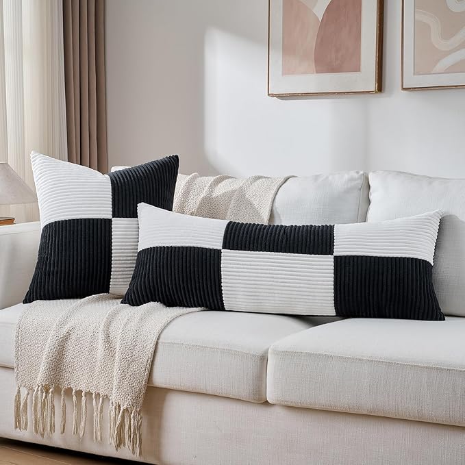 Fancy Homi Set of 2 Black White Decorative Throw Pillow Covers 16x16 Inch for Living Room Couch Bed, Modern Farmhouse Boho Home Decor, Soft Striped Corduroy Textured Square Cushion Case 40x40 cm