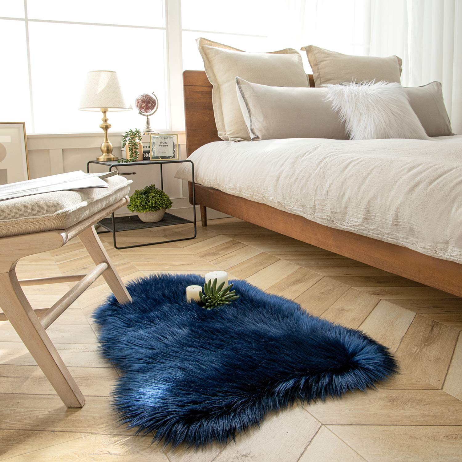 Ashler Faux Fur Rug, Fluffy Shaggy Area Rug Ultra Soft 2 x 3 Feet Sheepskin Fur Rug, Navy Blue Fuzzy Machine Washable Shag Rug, Nursery Decor Throw Rugs for Bedroom, Kids Room, Living Room