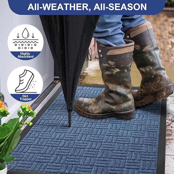 Mibao Front Door Mat, Heavy Duty Durable Welcome Mat for Outdoor Indoor, Dirt Trapper Waterproof Super Absorbent Door Mat for Entryway Outside Patio Porch, 61.5" x 36", Blue