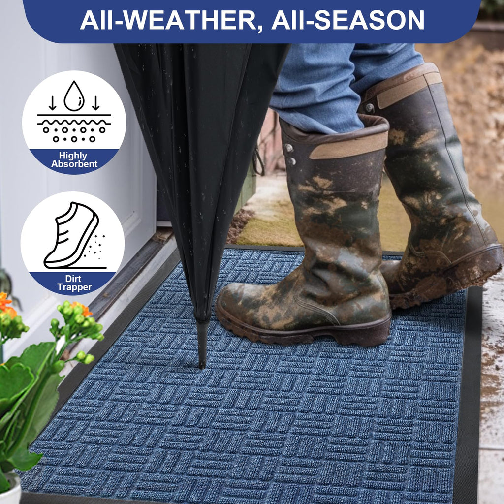 Mibao Front Door Mat Outdoor Entrance, 36" x 24" Heavy Duty Welcome Mat for Outdoor and Indoor, Waterproof Dirt Trapper Doormat, Super Absorbent Indoor Entryway Mat for Patio & Porch - Blue