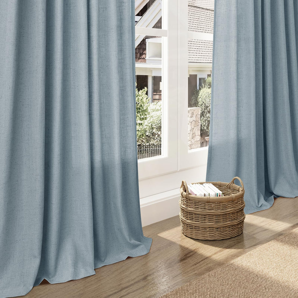 Nanspring Light Blue Linen Curtains 72 Inch Length for Living Room Semi Sheer Light Filtering Door Drapes 2 Panels Set for Kids Bedroom Light Filtering Back Tab Rod Pocket Modern Farmhouse Decor 52x72
