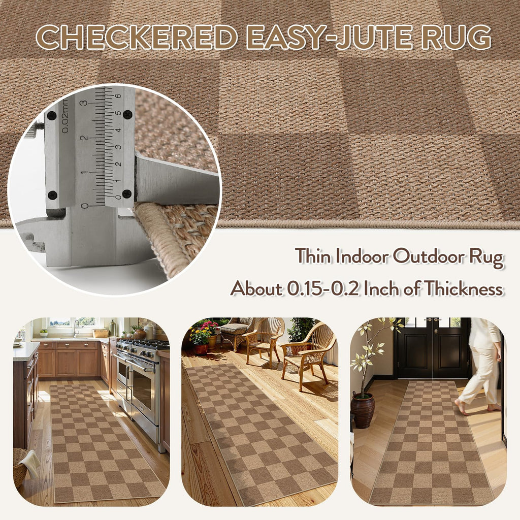 Lahome Checkered Easy Jute Kitchen Runner Rug, 2x8 Outdoor Rugs Washable
