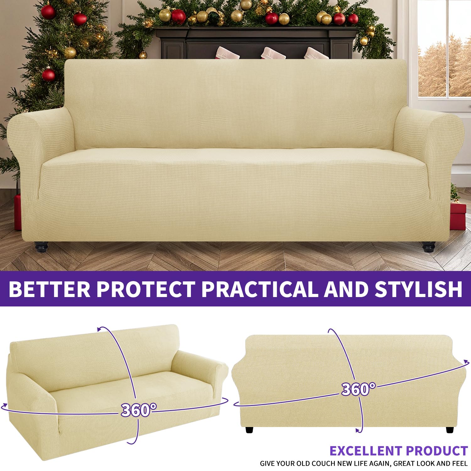 ZNSAYOTX Stretch Oversized Couch Cover Universal Sofa Covers for Living Room Dogs Pet Furniture Protector Spandex Extra Large Sofa Slipcovers with Anti Slip Foam Sticks (Beige, XL Sofa)