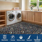 Washable Kitchen Rugs Non Slip 2x6 Hallway Runner Rug Stain Resistant Low Pile Floral Floor Rug with Rubber Backing Non Shedding Runners for Indoor Entryway Bedside Bedroom Farmhouse RV Navy&Black