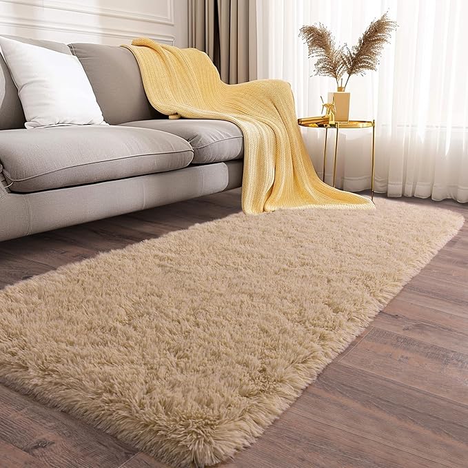 Fluffy Shag Runner Rugs for Bedroom Hallways, 2x8 Beige Long Soft Throw Area Rug Non Slip for Bedside Dorm, Shaggy Furry Carpet for Nursery Living Room Home Decor