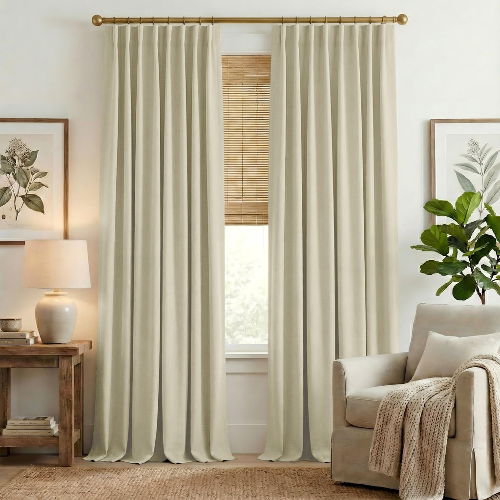 NICETOWN Room Darkening Bedroom Curtains 84 inches Long, Pinch Pleated Curtains Faux Linen Blend Light Blocking Noise Canceling Thermal Drapes for Living Room, Linen Beige, W52 x L84, 2 Panels