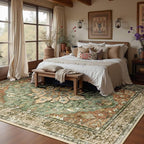 Area Rugs 8'x10' Washable Non-Slip, Floral Vintage Distress Print Pattern Medallion Carpet for Living Room Bedroom Dining Room, Brick Red Rust Neutral Brown Burnt Orange Green