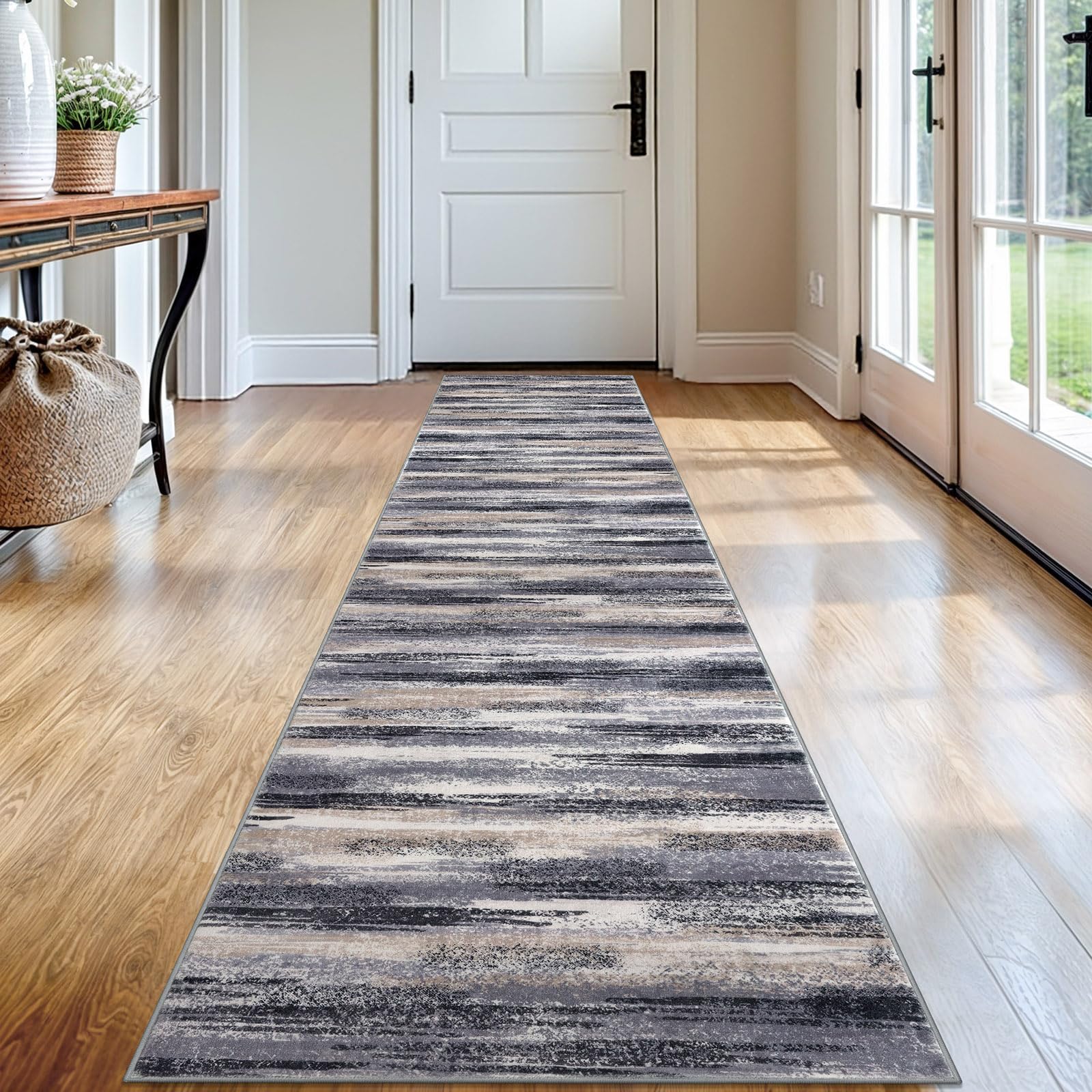 Lansny Modern Abstract Runner Rug 2x12, Grey Black Multi Washable Long Kitchen Runner Non-Slip Soft Hallway Rug Runner Thin Print Faux Wool Carpet for Entryway Bedroom Laundry Room Indoor Home Decor