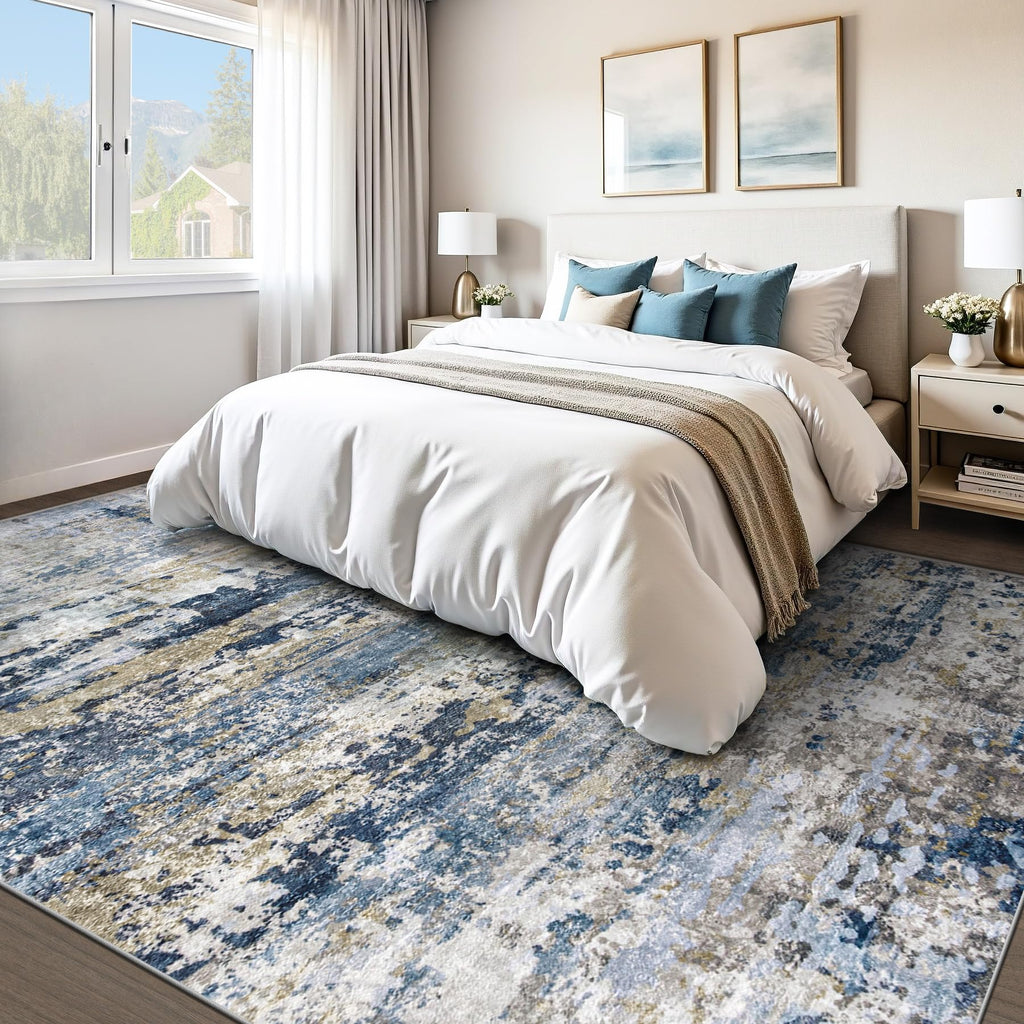 pmtsns Area Rugs 9x12 for Living Room: Washable Rug Modern Abstract Neutral Soft Non-Slip Low-Pile Indoor Large Carpet for Bedroom Dining Room Playroom Home Office (Blue Grey Brown, 9'x12')
