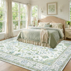Area Rugs 8'x10' Washable Non-Slip, Floral Vintage Distress Print Pattern Medallion Carpet for Living Room Bedroom Dining Room, Green White Blue