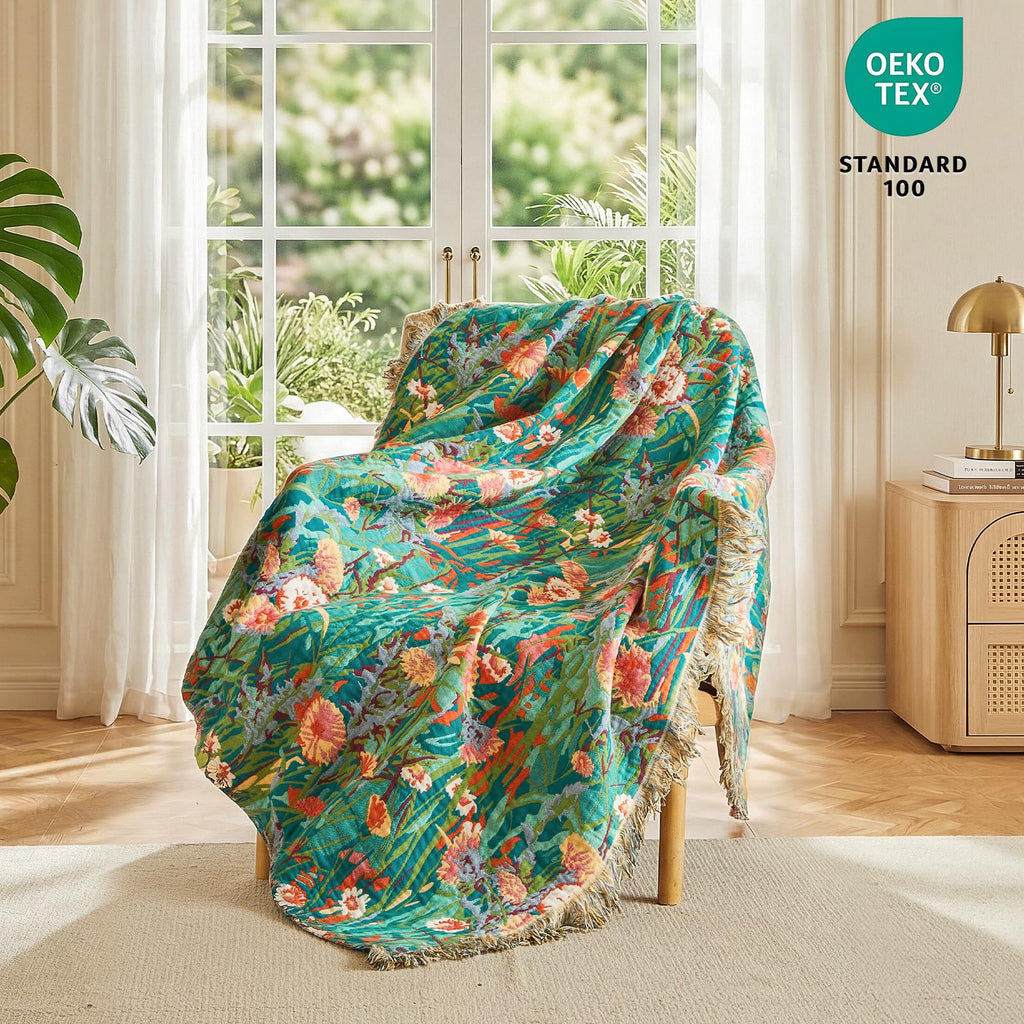 MSGKV Boho Throw Blanket 60"x80" 100% Cotton Floral Blanket for Couch Sofa