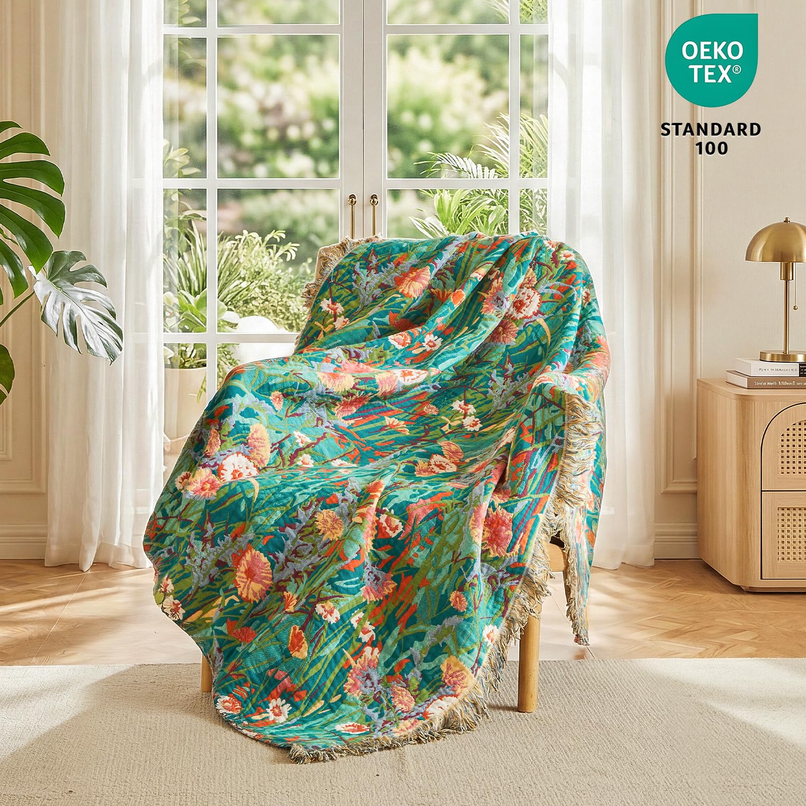 MSGKV Boho Throw Blanket 60"x80" 100% Cotton Floral Blanket for Couch Sofa