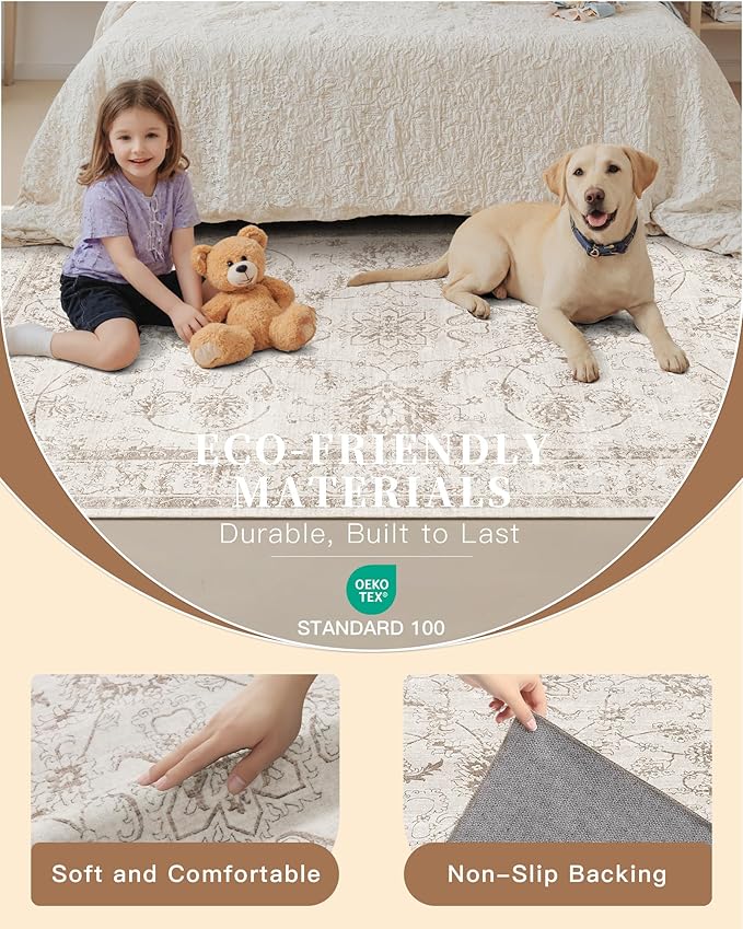 Madane Washable 6x9 Area Rugs for Living Room, Vintage Natural Rug with Non-Slip Backing, Soft Stain Resistant Throw Rugs Thin Carpet for Bedroom Dining Room Farmhouse (6 x 9, Brown/Ivory)