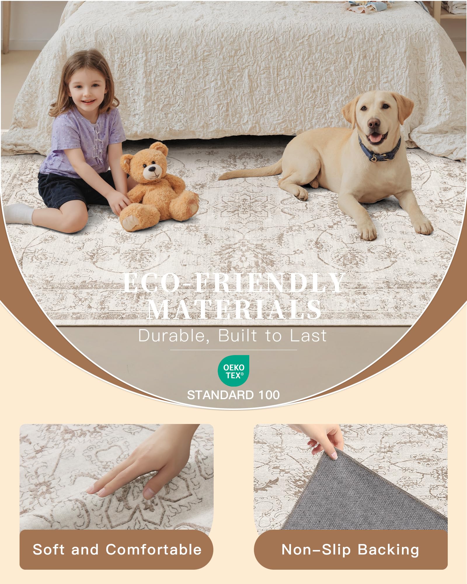 Madane 9x12 Area Rugs for Living Room, Washable Natural Rug Brown/Ivory