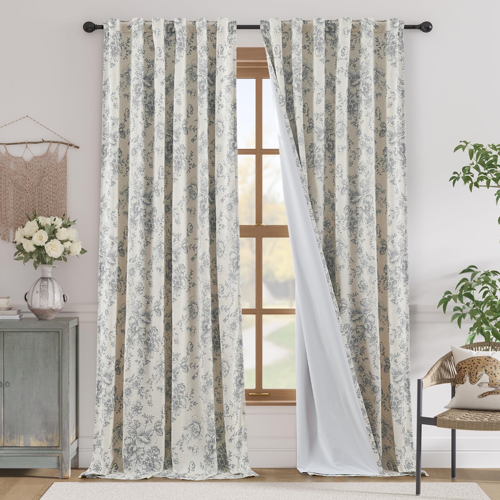 jinchan Floral Linen Blackout Curtains for Bedroom 96 Inches Long