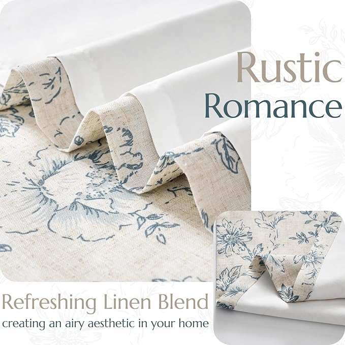 jinchan Lined Linen Blend Curtain Floral Curtains for Living Room 96 Inches Long Blue Peony Flower Printed Curtain Rod Pocket Back Tab Farmhouse Patterned Drapes Bedroom Window Curtains Set 2 Panels