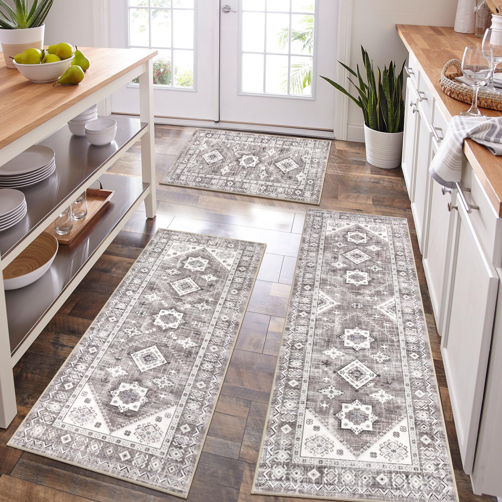 HEBE Boho Kitchen Rugs Set of 3, Non Slip Washable Kitchen Mats for Floor