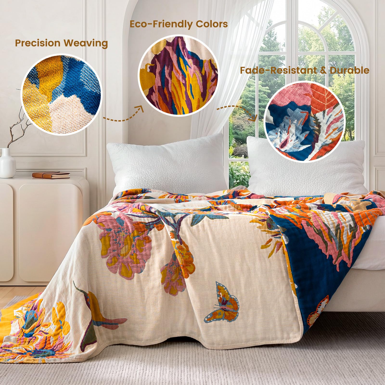 MSGKV Boho Throw Blanket 50"x60" Cotton Throw for Couch Sofa, Floral Quilt