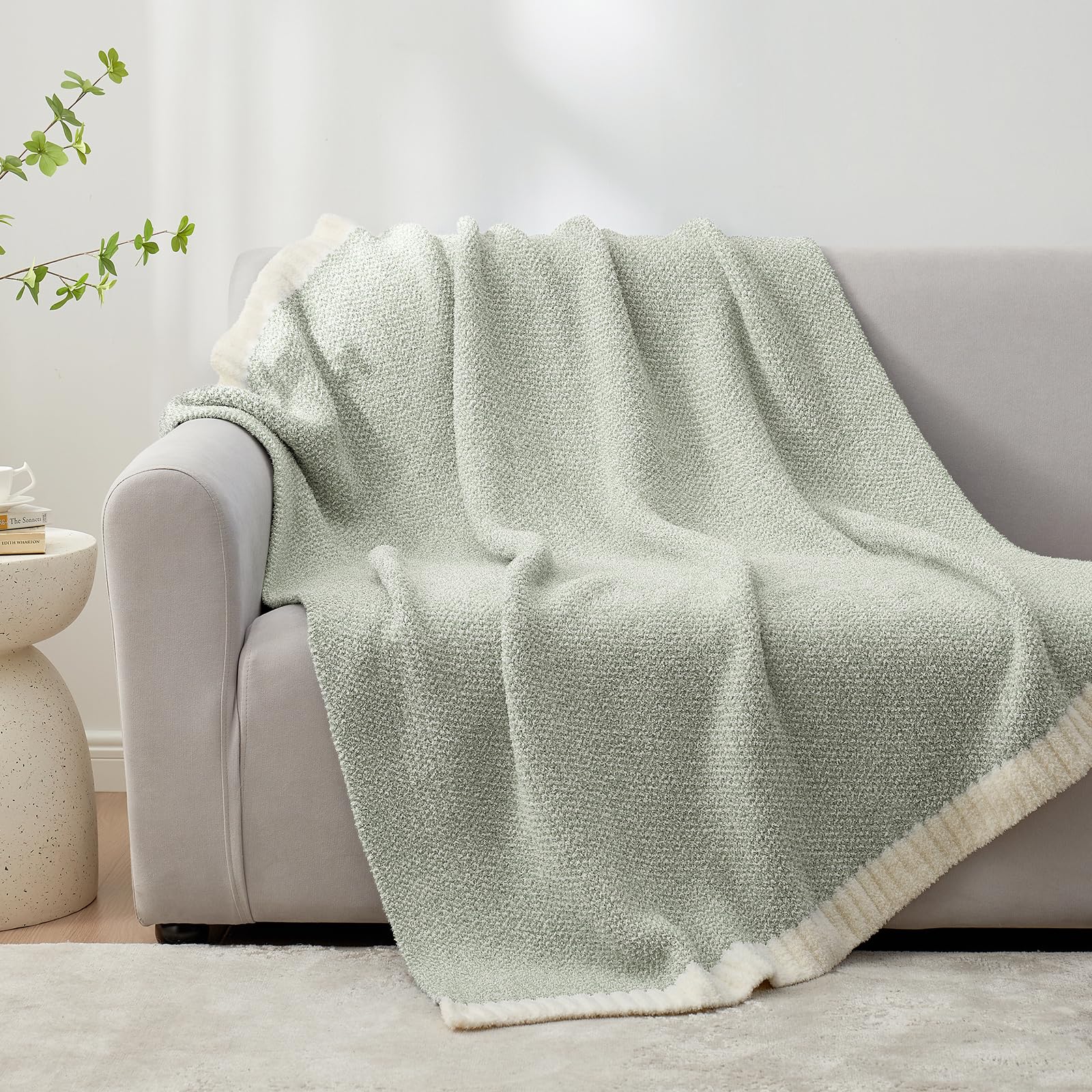 Snuggle Sac Heather Sage Green Throw Blanket for Couch, Reversible Super Soft Knitted Blankets Warm Cozy Fuzzy Throws for Sofa, Bed, Camping, Sage Green, 50x60 inches