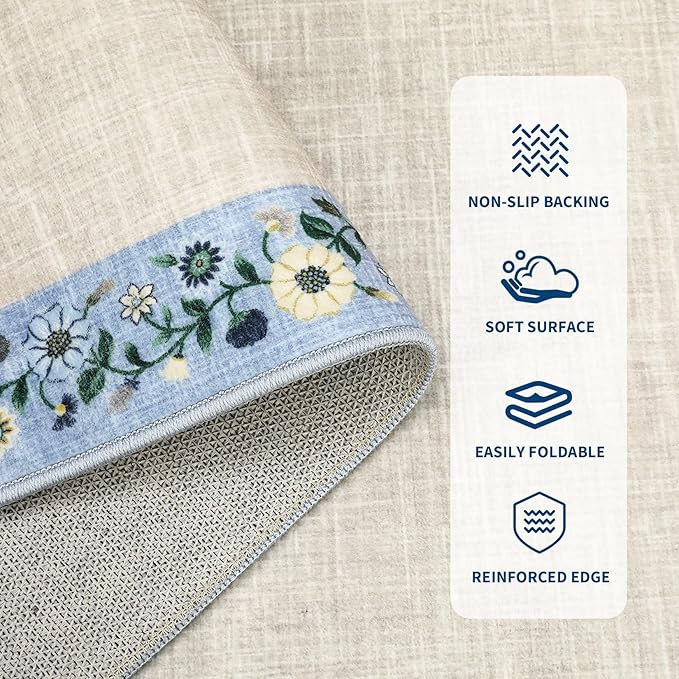 GarveeHome Entryway Rug 2x6 Modern Bordered Runner Rug Washable Kitchen Runners for Hallway Non-Slip Low-Pile Soft Carpet Floral Print Bathroom Mat for Bedroom Laundry Room, Beige