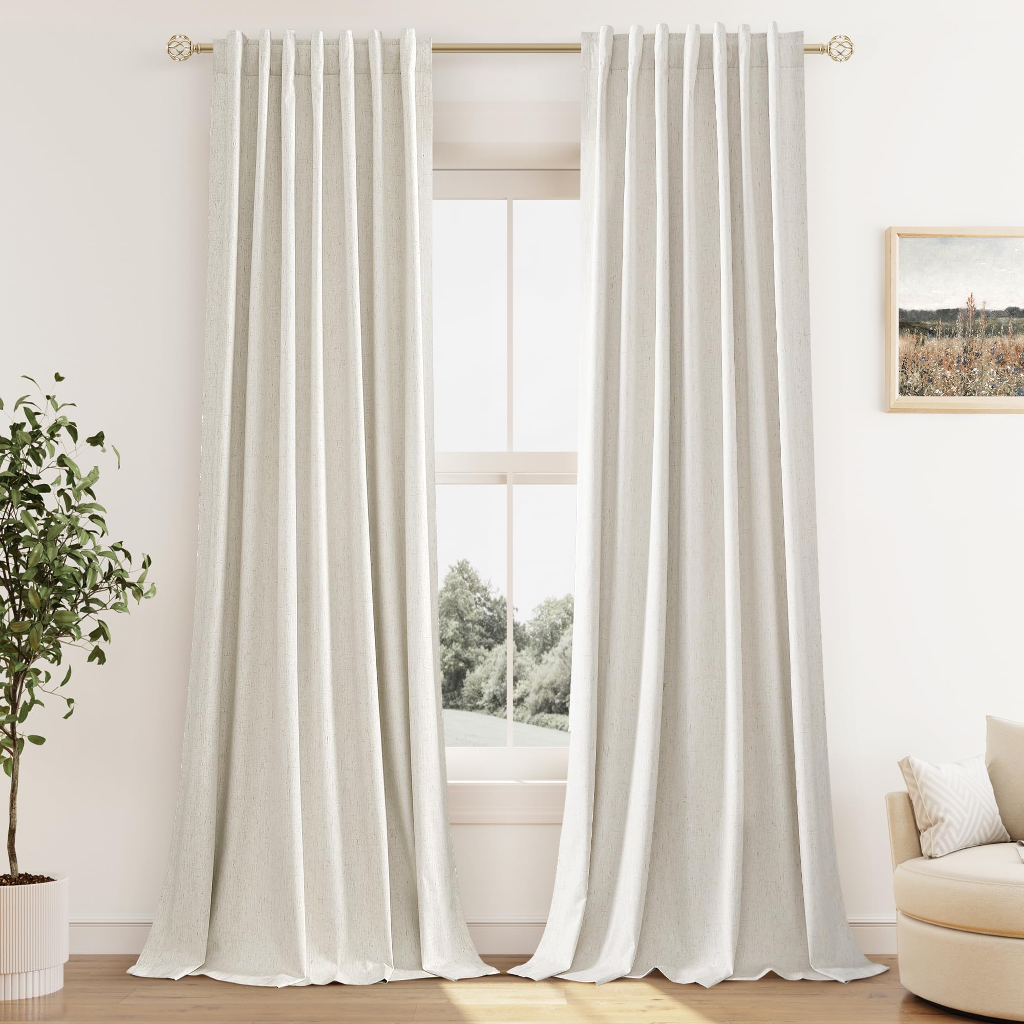 Extra Long 100% Blackout Linen Curtains for Bedroom 104 Inches Long Natural Cream Black Out Curtain Back Tab Thermal Insulated Room Darkening Window Drapes for Living Room 2 Panels Beige Ivory 52x104