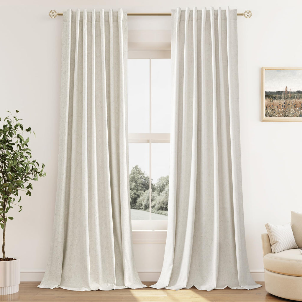 Extra Long 100% Blackout Linen Curtains for Bedroom 108 Inches Long 9 FT Natural Cream Black Out Curtain Back Tab Thermal Insulated Room Darkening Window Drapes for Living Room 2 Panels Beige Ivory