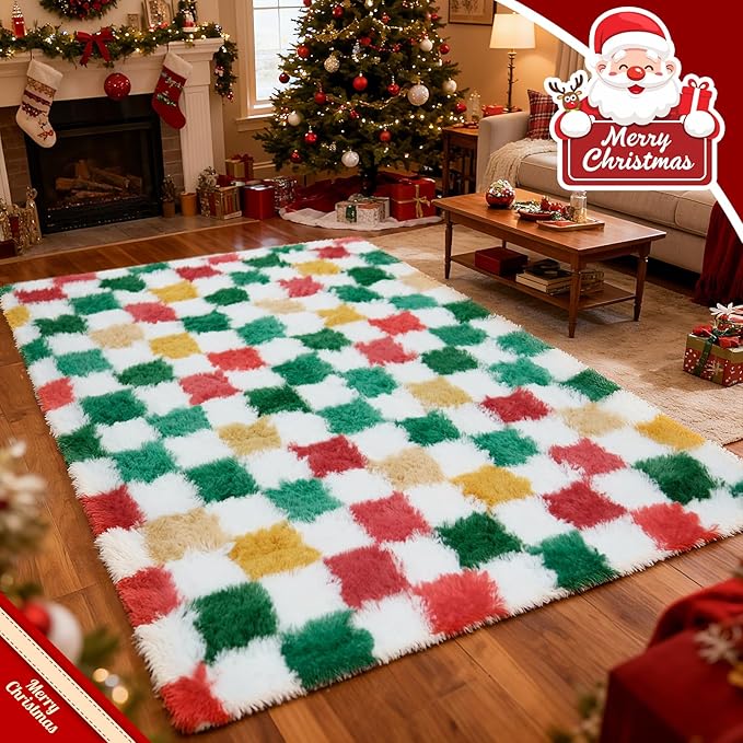 Checkered Area Rug 4x6 for Bedroom Living Room, Christmas Shag Rug Fuzzy Shaggy Bedside Carpet, Indoor Plush Floor Rugs for Holiday Home Decor