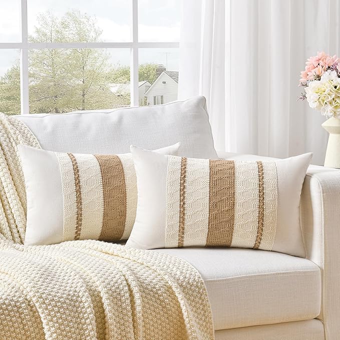 Fancy Homi Set of 1 Boho Neutral Long Lumbar Decorative Throw Pillow Cover 14x24 Inch for Couch Bed Sofa Chair, Modern Organic Farmhouse Home Decor, Soft Cotton Cute Accent Tan Rectangle Cushion Case